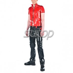Man's 100% natural rubber latex short sleeve shirt with front zip in red color