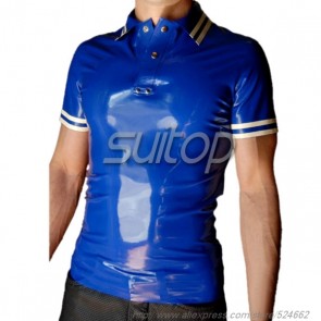 Suitop fashion men's rubber latex tight polo t-shirt in blue and white trim color