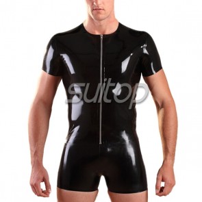 Suitop high quality men's rubber latex tight short sleeve t-shirt with front zip in black color