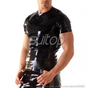 Suitop super quality men's rubber latex tight short sleeve round neck t-shirt in black color