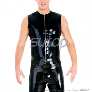 Suitop casual men's rubber latex vest with front zip in black color