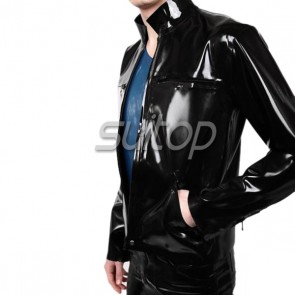 Zip front latex shirt with high neck rubber latex garment