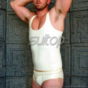 Suitop casual men's rubber latex tight vest in white with gold trim color