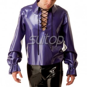 Pure handmade natural rubber mandarin long sleeve shirt with front lace up in metallic purple color for man