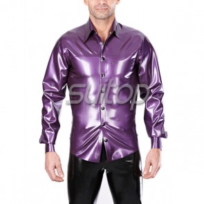 Fashional rubber latex long sleeve shirt with front buttons in metallic purple color for man