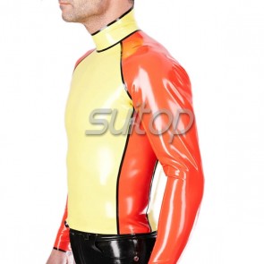 Suitop super quality men's rubber latex long sleeve high neck tight t-shirt in yellow and orange trim color