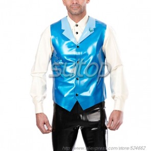 Suitop men's rubber latex waistcoat with front zippers in metallic blue color