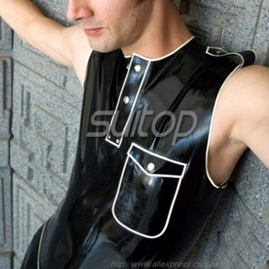 Suitop super quality men's rubber latex sleevelsss t-shirt in black with white trim color