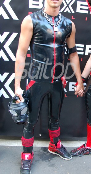 Men 's latex rubber set top&legging in whole black for man