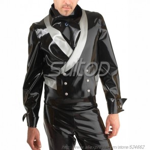 Suitop new item men's rubber latex double breasted coat with gray collar main in black color