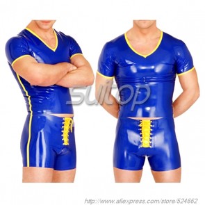 Suitop pure handmade men's rubber latex short sleeve v-neck tight t-shirt in blue and yellow trim color