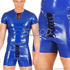 Suitop super quality men's rubber latex short sleeve tight t-shirt with front lace up in blue color