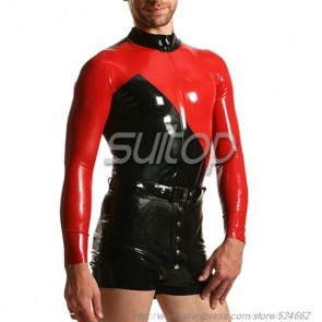 Suitop men's rubber latex long sleeve high neck tight t-shirt in red with black trim color