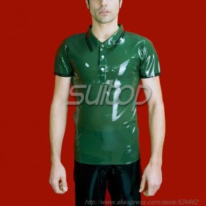 Suitop fashion men's rubber latex short sleeve tight polo t-shirt in green color