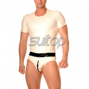 Suitop sexy men's rubber latex short sleeve round neck tight t-shirt in white color