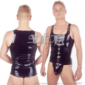 Suitop super quality men's rubber latex tight shoulder vest with front zip in black color
