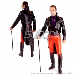 Suitop new arrival men's rubber latex double breasted coat with red trim main in black color