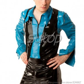 Suitop high quality men's rubber latex casual long sleeve shirt with front zip in laker blue color