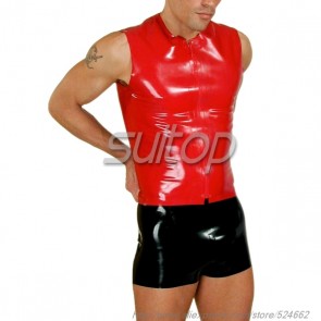 Suitop men's rubber latex sleeveless tight t-shirt with front zip in red color