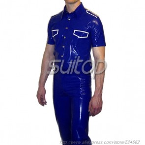 Suitop casual men's rubber latex short sleeve t-shirt with front zip in blue color