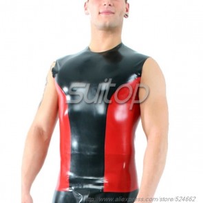 Suitop fashion men's rubber latex tight vest with round neck in black with red trim color