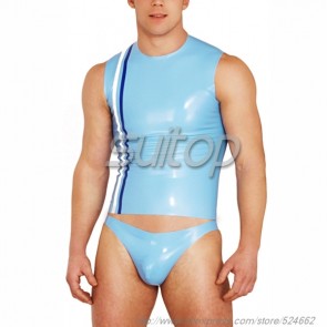 Suitop casual men's rubber latex tight vest with round neck in sky blue color