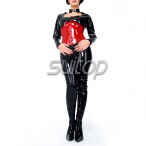 Suitop black latex catsuit with red corset