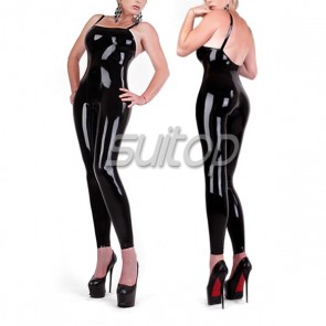 Suitop sleeveless latex black catsuit sexy rubber latex tights for women NO ZIP
