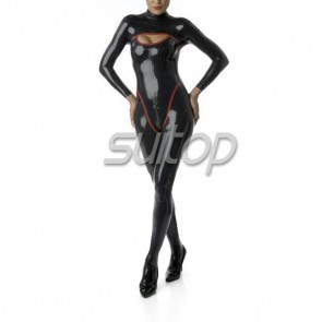 Suitop latex rubber zentai suit latex catsuit in BLACK and RED trim