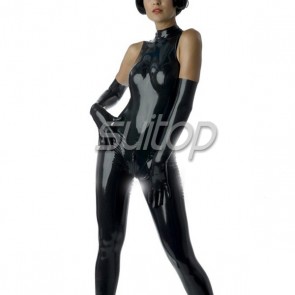Suitop Latex black bodysuit sexy garment latex catsuit for woman with long gloves