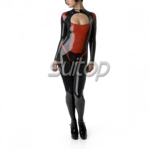 Suitop sexy rubber latex catsuit fetish close-fitting wear in blakc and red trim