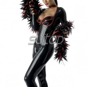 Suitop low-cut charming latex catsuit in blakc and red trim  Integration corset Beam waist