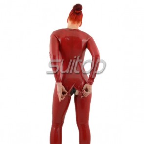 Suitop red latex fetish catsuit open crotch hole no zip neck entry