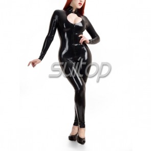 Suitop latex glued black catsuit for woman with Cheongsam Collar