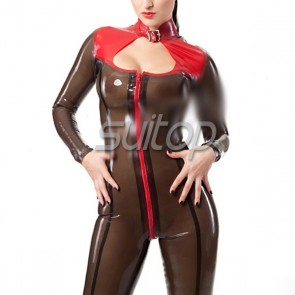 Suitop sexy exotic  transparent black and red trim latex catsuit hand made
