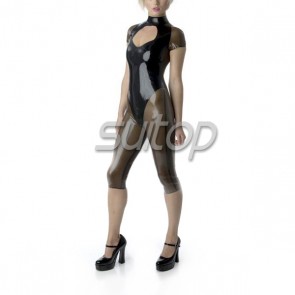 sexy latex Exotic Apparel short catsuit rubber bod suit teddies for femail in black and trasparent black  SUITOP summer