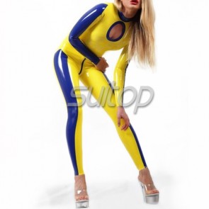 Female 's latex catsuit with back zip in yellow and blue trim