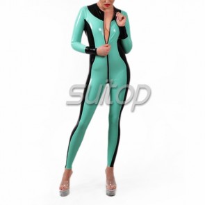 Female 's latex catsuit with back zip in laker blue and black trim