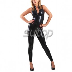 Female 's latex catsuit black rubber bodysuit with front zip in black sleeveness 3d cutting