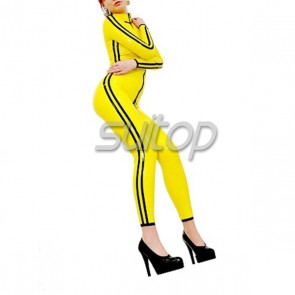 Female 's latex catsuit with feet in yellow and black tirm with front zip