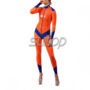 Female 's latex catsuit with feet in orange and blue  tirm 