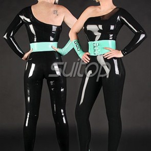 Women's latex catsuit in black and laker blue trim with belt 