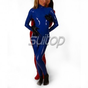 women's latex catsuit wtih front zip in blue with gloves and toe socks separated