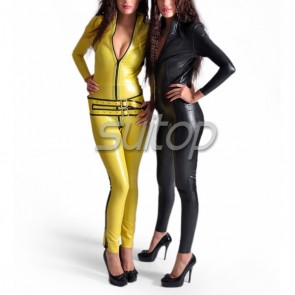 Sexy women's latex catsuit with belt yellow and black trim