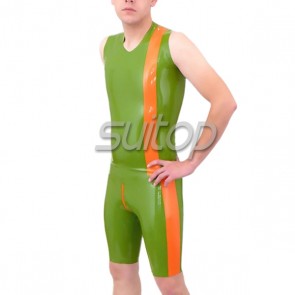 Men's latex leotard in green and orange trim with crotch  zip sleeveness neck entry