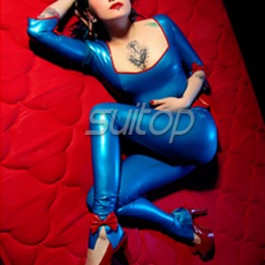 Women's latex catsuit in metallic blue and red tirm 