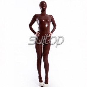 Women's latex rubber catsuit with feet and hoods in brown