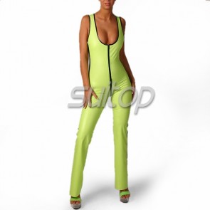 Women's latex catsuit in light green with tether strap sleeveness
