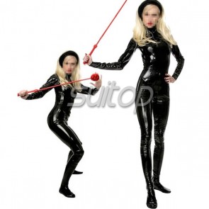 women's latex catsuit with high collar in black with back zip to front