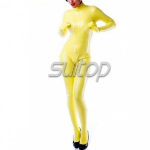 women's exotic natural latex handmade catsuit body suit with breast zip in yellow
